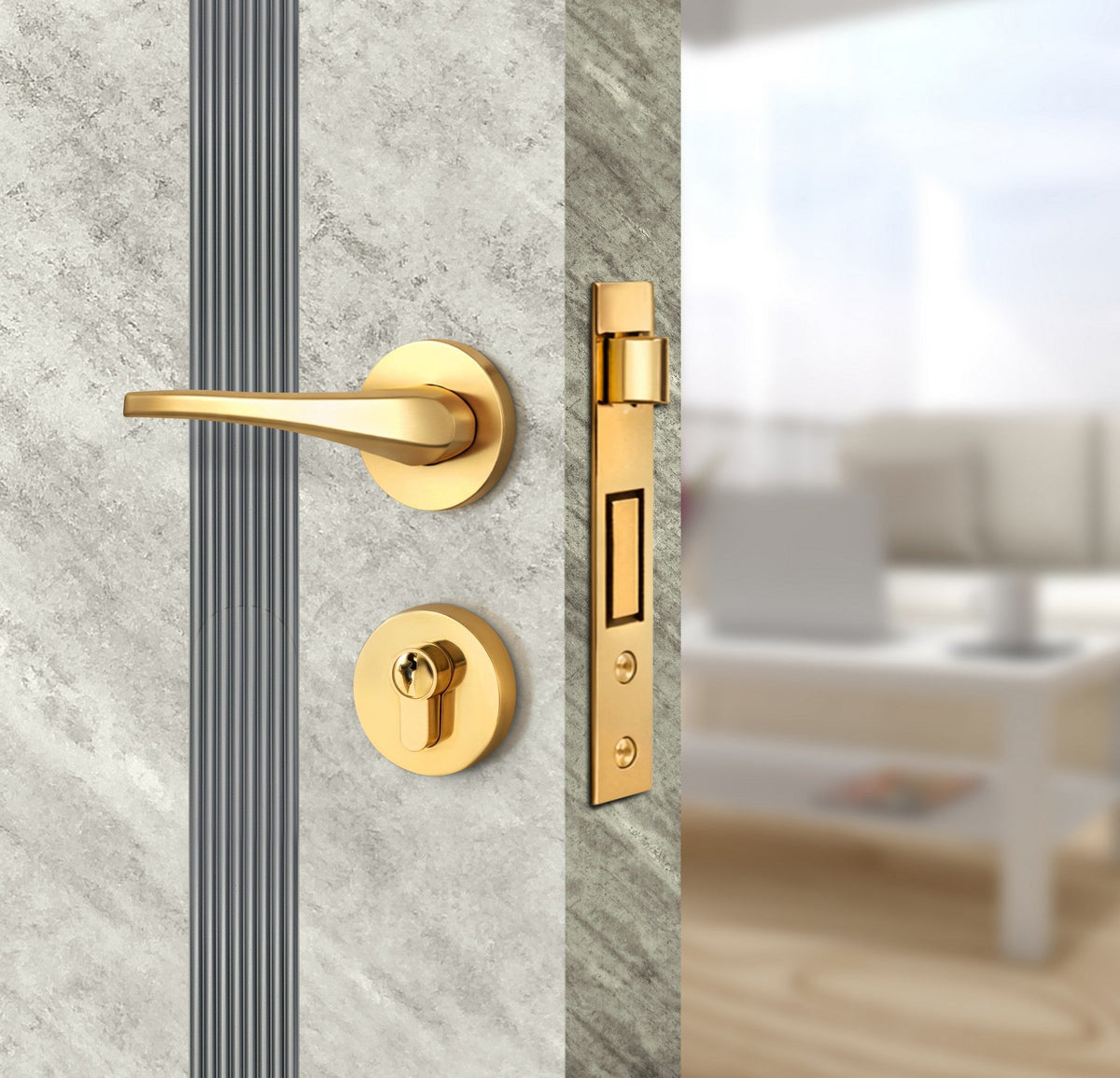 Urban Cement Interior Door Slab - Aliyah 2 Inlay Design in Gray epoxy, angled view